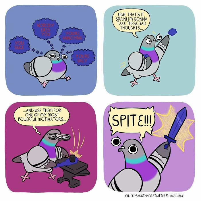 Illustration of a pigeon battling anxiety and depression, turning negative thoughts into motivation with spitting power.
