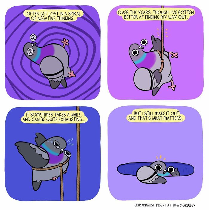 Illustration of a pigeon showing the experience of anxiety and depression, struggling but finding a way out.