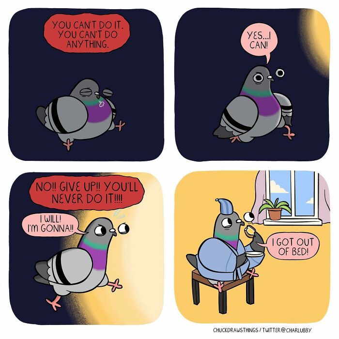 Illustration of a pigeon depicting anxiety and depression with internal negative and positive self-talk in four panels.