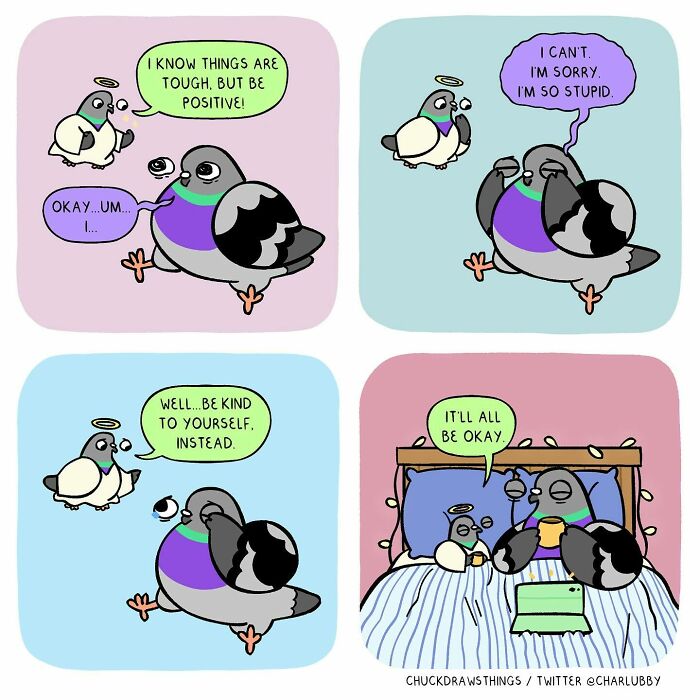 Illustration showing a pigeon depicting anxiety and depression emotions with supportive inner voice in four panels.