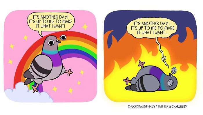 Illustration of a pigeon showing anxiety and depression, contrasting hopeful and overwhelmed emotions in vibrant colors.