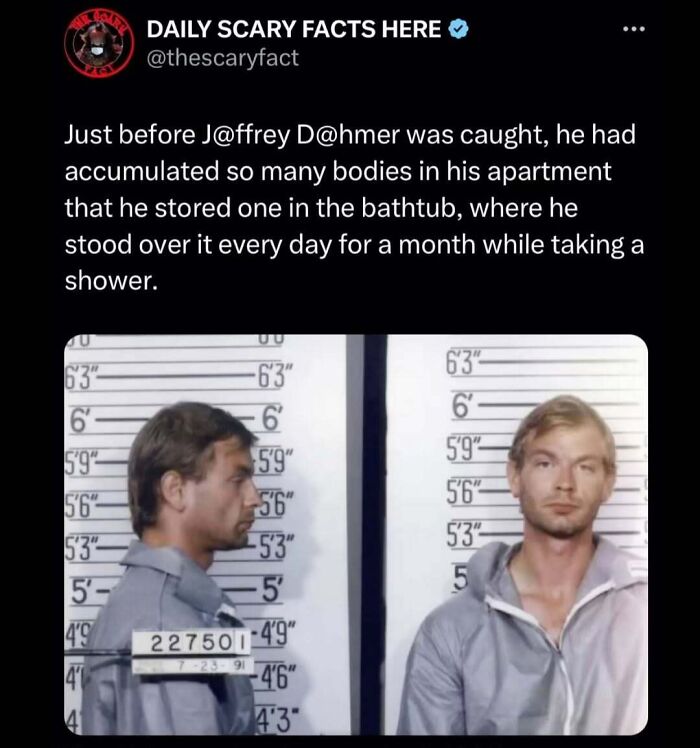 Mugshot photo with a dark Twitter post sharing a scary fact about a serial killer’s gruesome habit indoors.