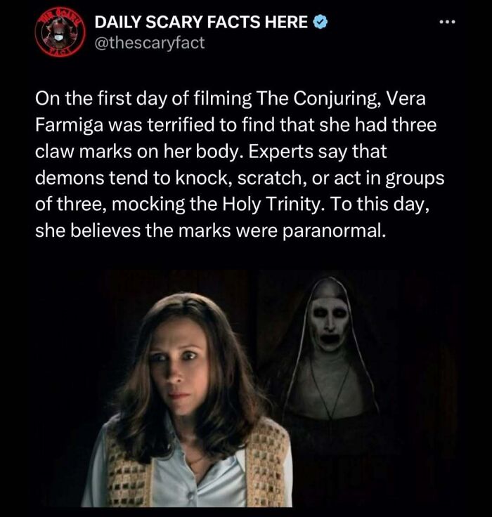 Actress Vera Farmiga in a scene from The Conjuring, linked to scary facts about paranormal claw marks and demons.