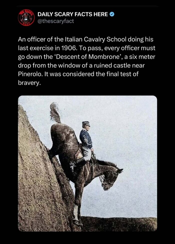An Italian Cavalry officer on horseback facing a steep cliff during a scary bravery test in early 1900s history.