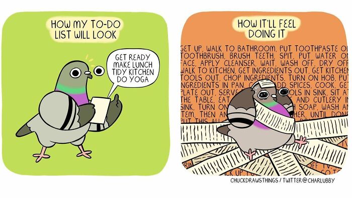 Illustration showing anxiety and depression through the eyes of a pigeon, highlighting struggle with daily tasks and to-do lists.