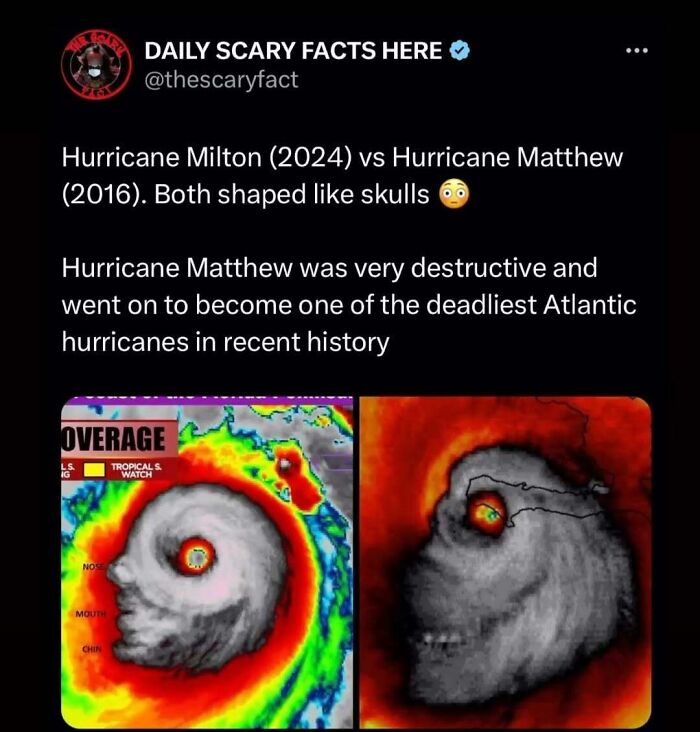 Satellite images of Hurricane Milton and Hurricane Matthew showing eye formations shaped like skulls in swirling storm patterns.