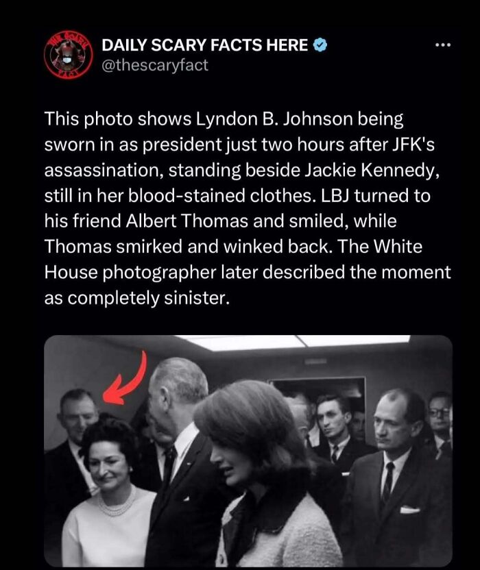 Black and white photo showing a scary fact about Lyndon B. Johnson’s presidential oath after JFK’s assassination moment.