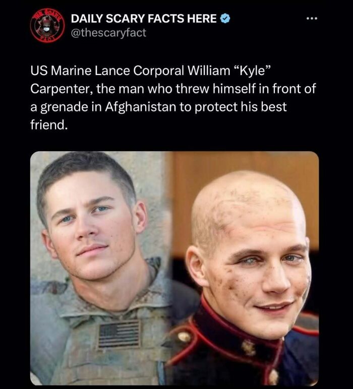 Portraits of US Marine Lance Corporal William Kyle Carpenter in military uniform, illustrating a scary fact about bravery and sacrifice.