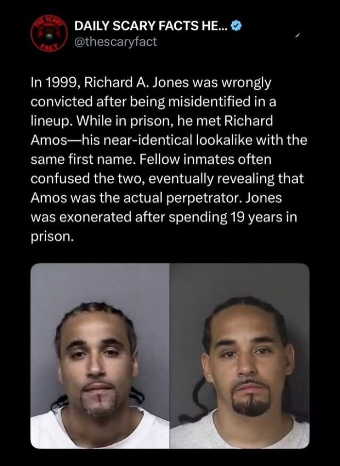 Comparison photos of two men illustrating a scary fact about wrongful conviction and mistaken identity cases.
