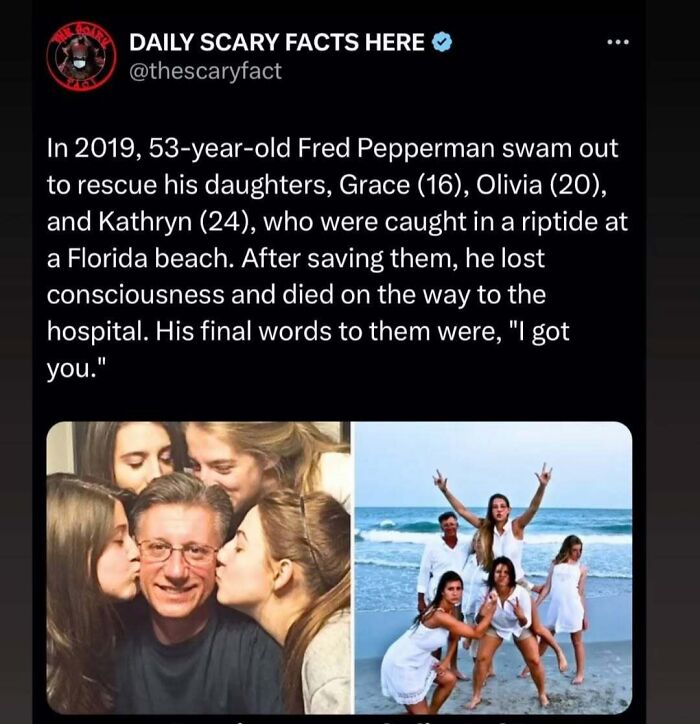 Screenshot of a scary fact about a father who saved his daughters from a riptide but died afterward, highlighting scary facts.