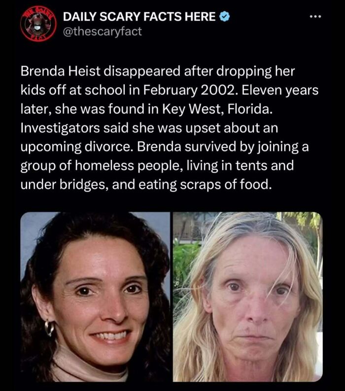 Before and after images of Brenda Heist, illustrating a scary fact about surviving homelessness and hardship in darkness.