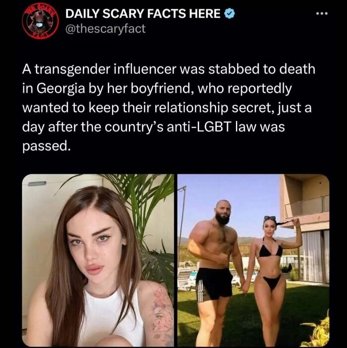Social media post sharing a scary fact about a transgender influencer's death, highlighting scary facts for dark scrolling.