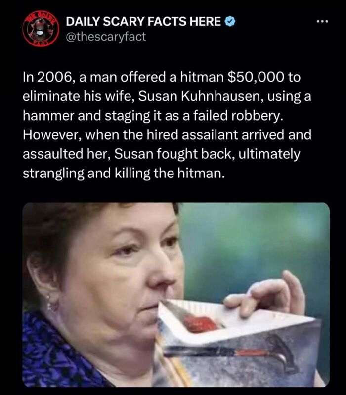 Woman holding a photo of a hammer explaining a scary fact about a failed hitman attack and self-defense story.