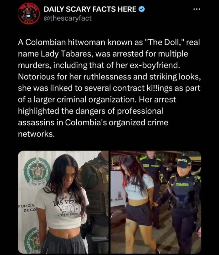 Woman arrested by Colombian police for multiple murders, illustrating dangers in organized crime and scary facts about assassins.