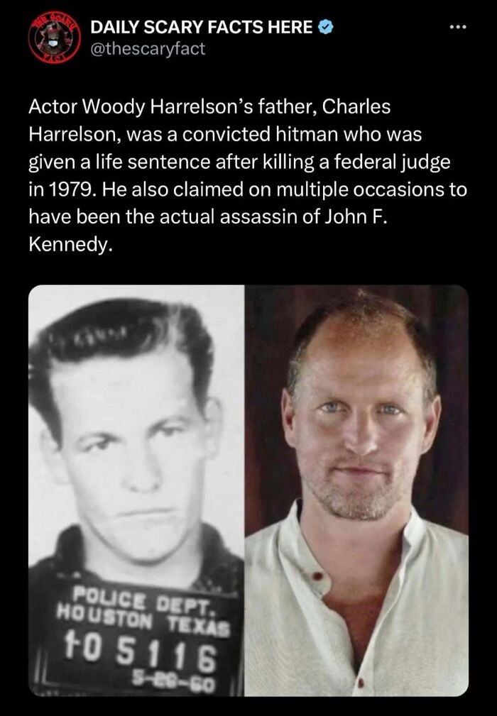 Convicted hitman Charles Harrelson linked to JFK assassination alongside actor Woody Harrelson in this scary fact reveal.
