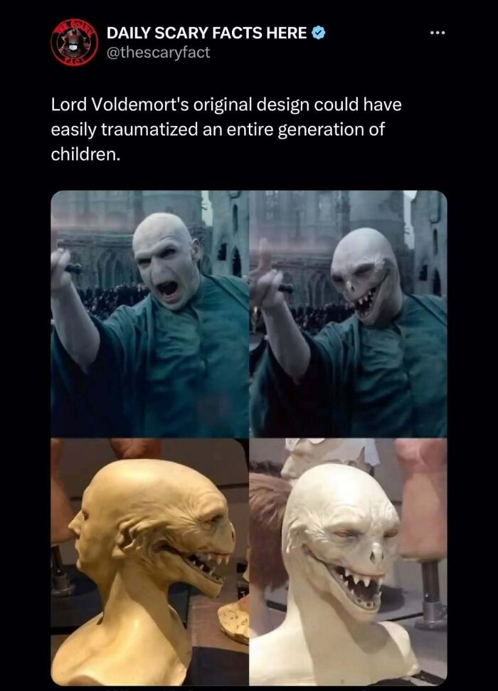Original concept art showing scary Voldemort design and sculptures highlighting scary facts and darkness themes.