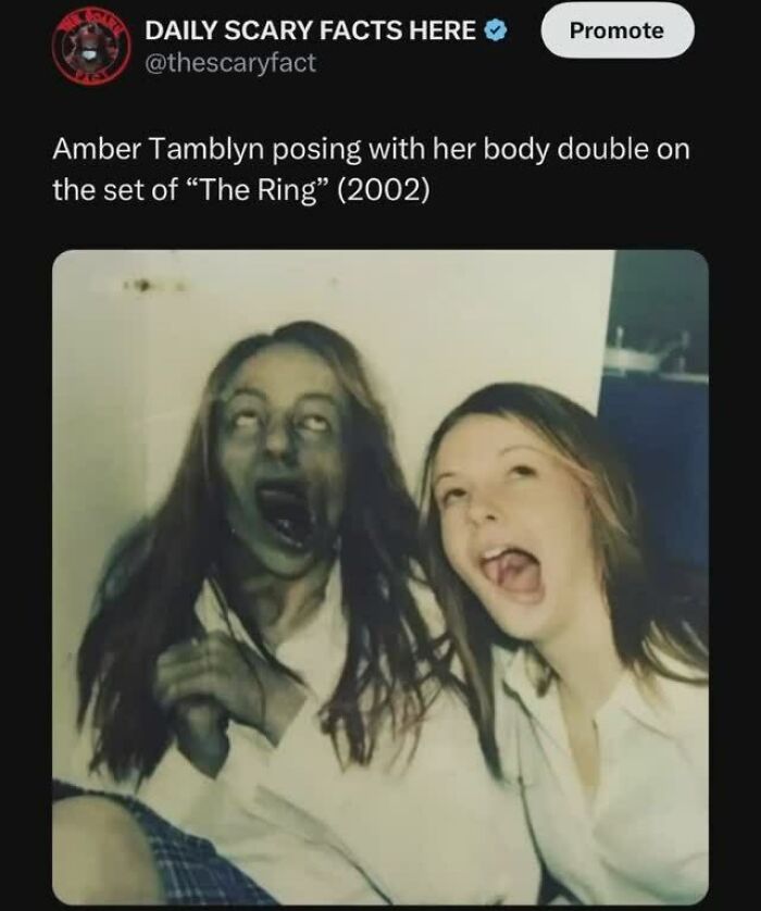 Amber Tamblyn with her body double on The Ring set, a scary fact from 80 facts to scroll through in the darkness.