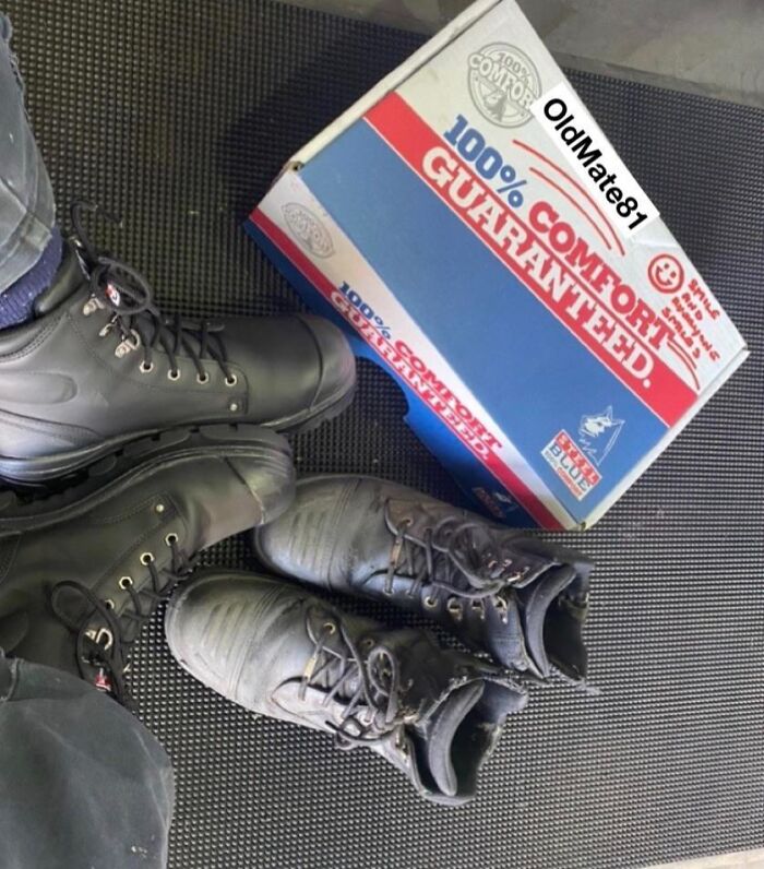 Worn boots replaced with new comfortable footwear, showcasing wholesome people and animals kindness in daily life.