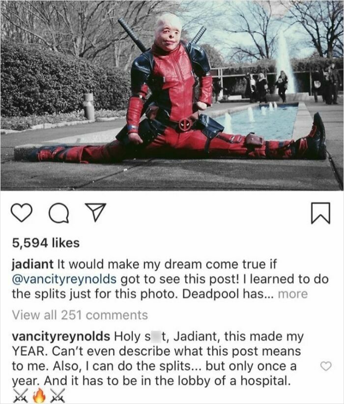 Person dressed as Deadpool doing splits outdoors with a heartfelt social media post inspiring wholesome people moments