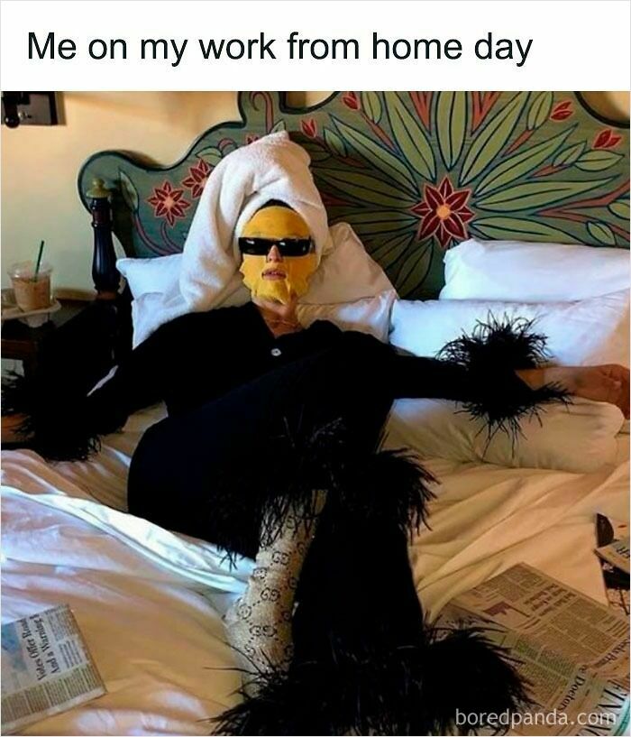 Person lounging on bed with towel on head and face mask, wearing sunglasses and fuzzy black outfit, representing funny WFH memes.