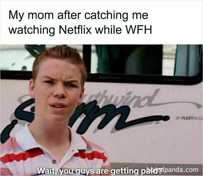 Young man making a confused face in a funny WFH meme about watching Netflix during work from home.