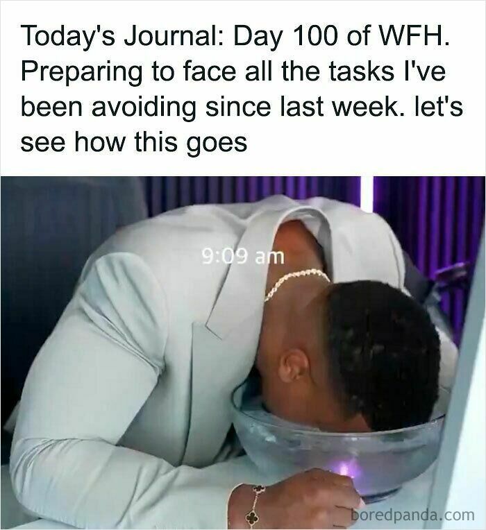 Person face-down in a bowl at 9:09 am, humorously depicting challenges of working from home in funny WFH memes.