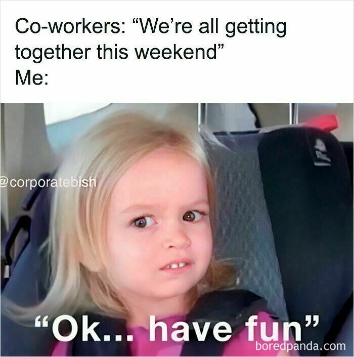 Young girl making a skeptical face in a car seat, a funny WFH meme about avoiding weekend social gatherings.