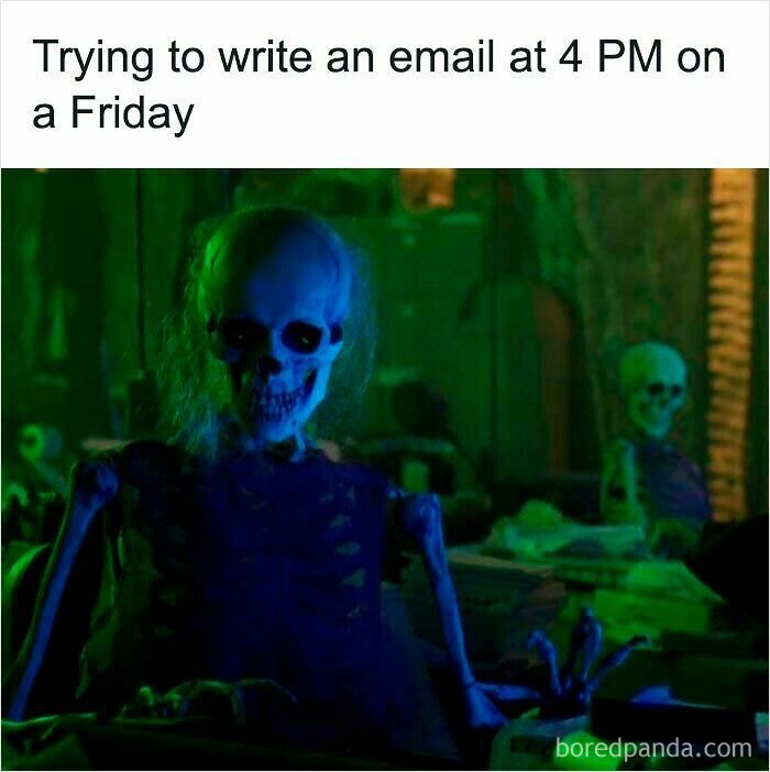 Skeleton sitting at desk late on a Friday, representing the struggle of working from home in funny WFH memes.