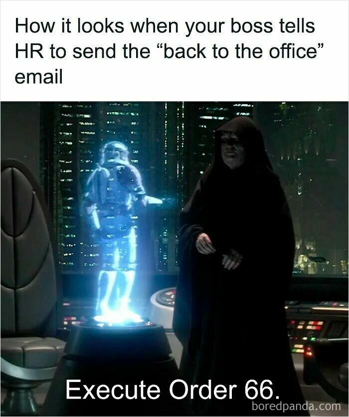 Dark cloaked figure gives a holographic order depicting a funny WFH meme about returning to office after remote work.