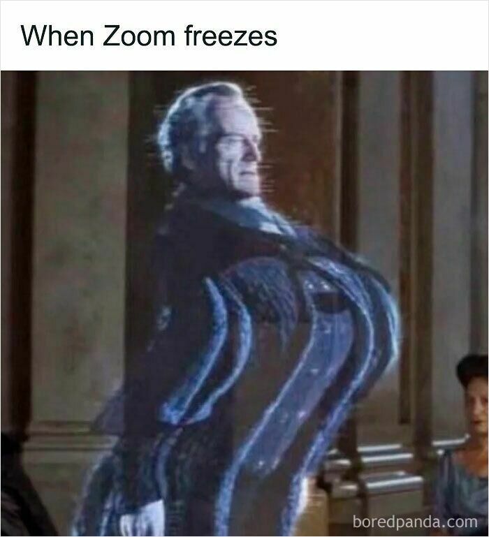 Distorted image of a man frozen on a video call, illustrating funny WFH memes about Zoom freezing during remote work.