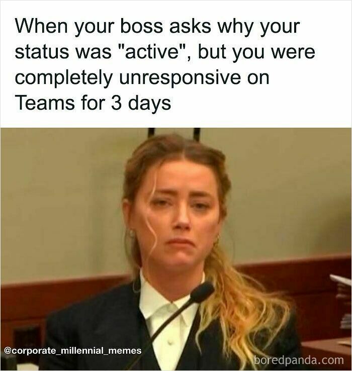 Woman with a serious expression in a courtroom, illustrating a funny WFH meme about being active but unresponsive on Teams.