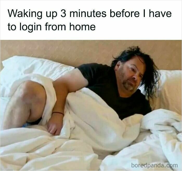 Man with messy hair waking up late in bed, illustrating funny WFH memes about working from home and casual pants-free days.