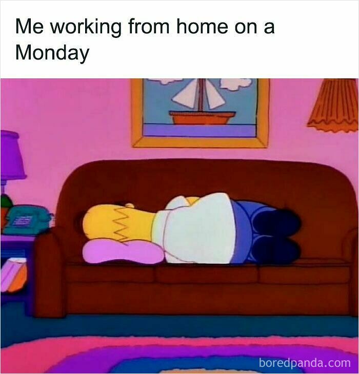 Cartoon character lying on couch tired, representing funny WFH memes about working from home on a Monday.