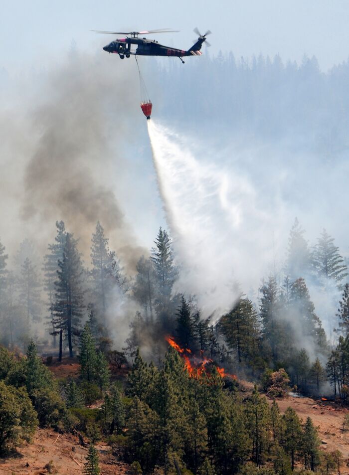 Helicopter dropping water on forest flames and smoke during a catastrophic wildfire in recent history.
