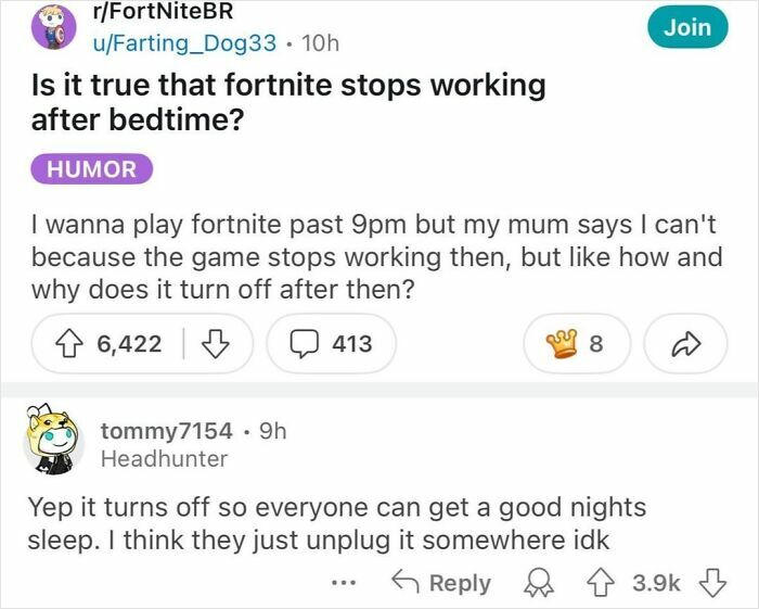 Reddit users humorously discuss Fortnite stopping after bedtime, showing wholesome interaction that makes the world a better place.