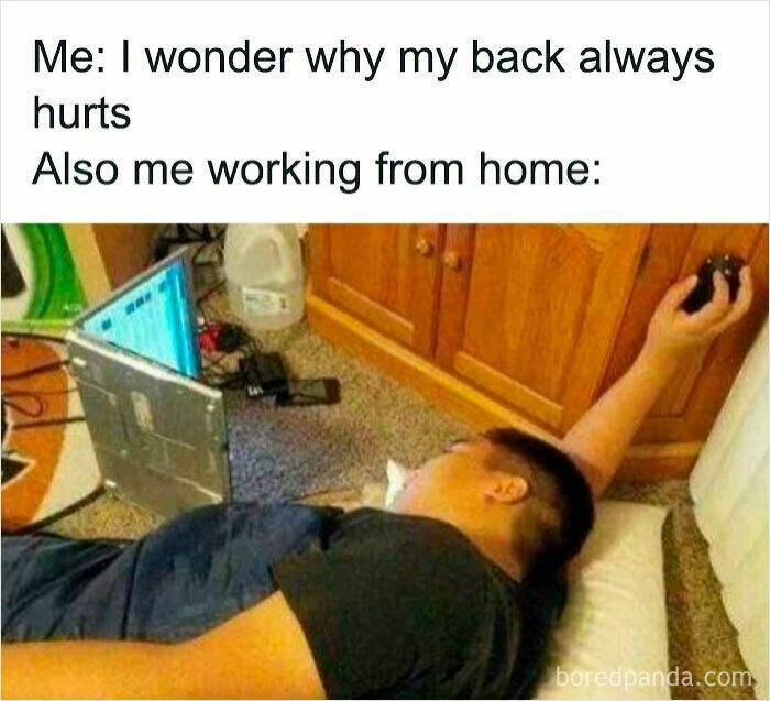 Person lying on the floor with laptop propped up, illustrating funny WFH memes about working from home discomfort.