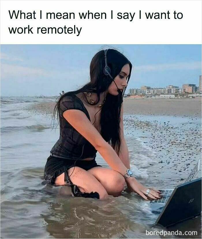 Woman working remotely on a laptop at the beach, wearing a headset, illustrating funny WFH memes about work from home struggles.