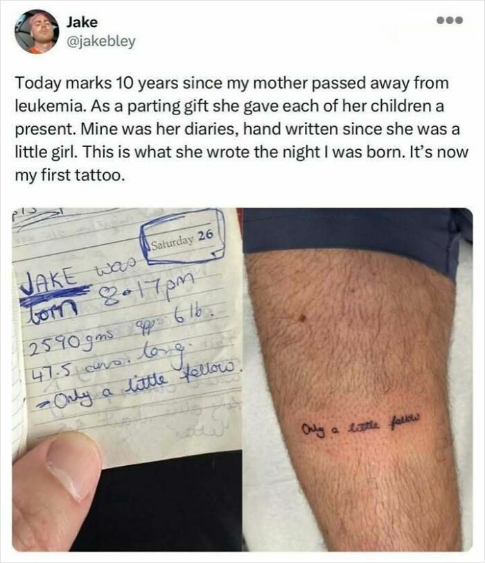 Handwritten diary note from mother turned into a tattoo, symbolizing very important positivity and emotional strength.