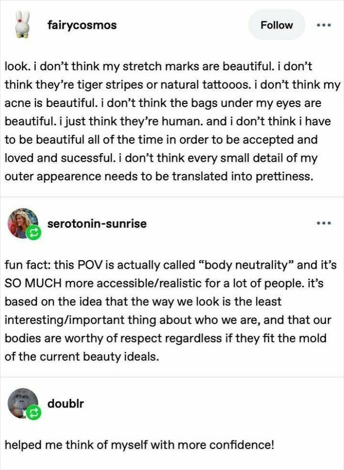 Positive social media posts about body neutrality, self-acceptance, and boosting confidence for very important positivity.