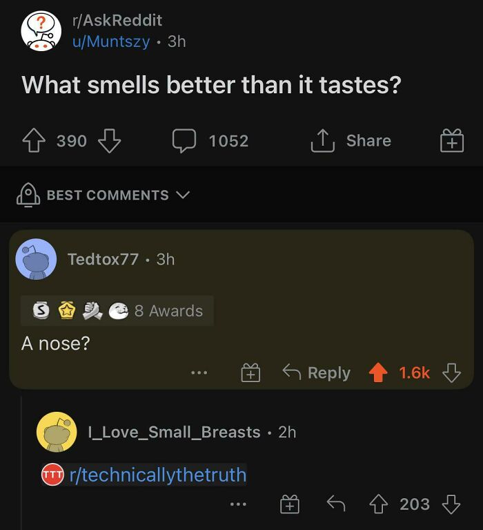 Reddit post with internet responses discussing what smells better than it tastes, featuring witty comments and awards.