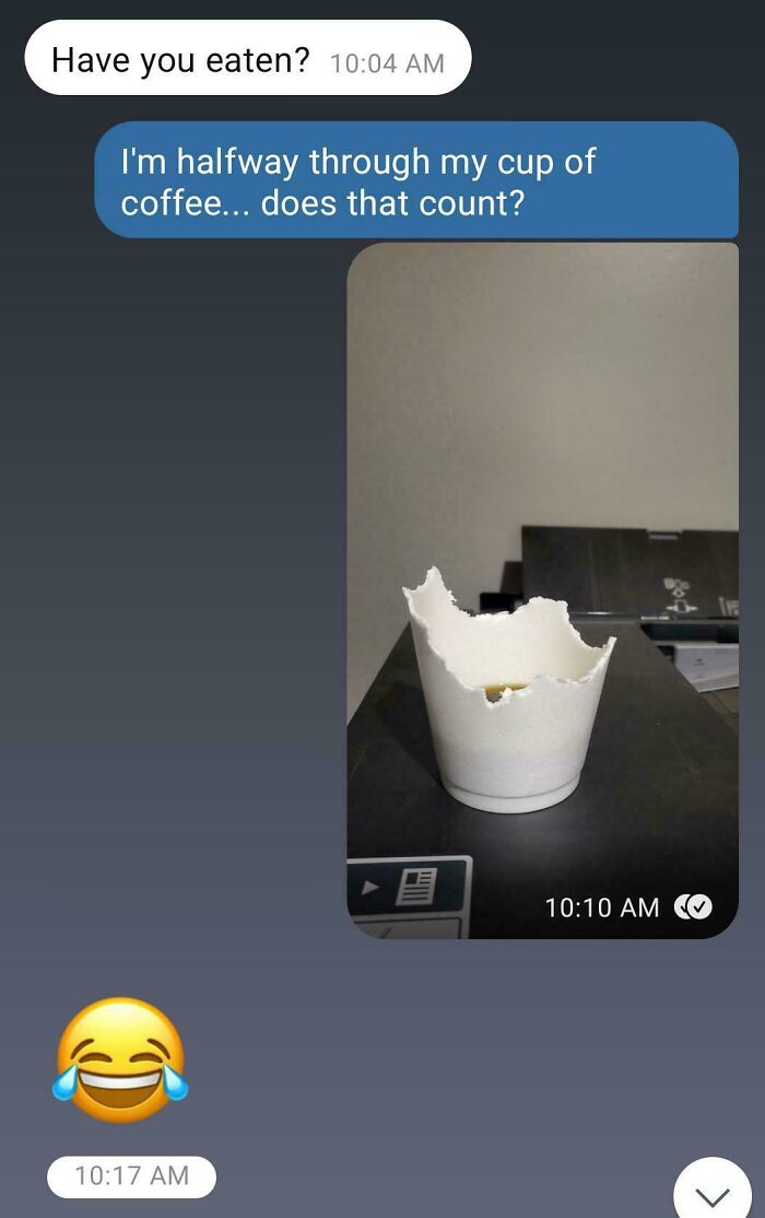 Text message conversation showing a torn coffee cup as a humorous internet response from trending internet responses.