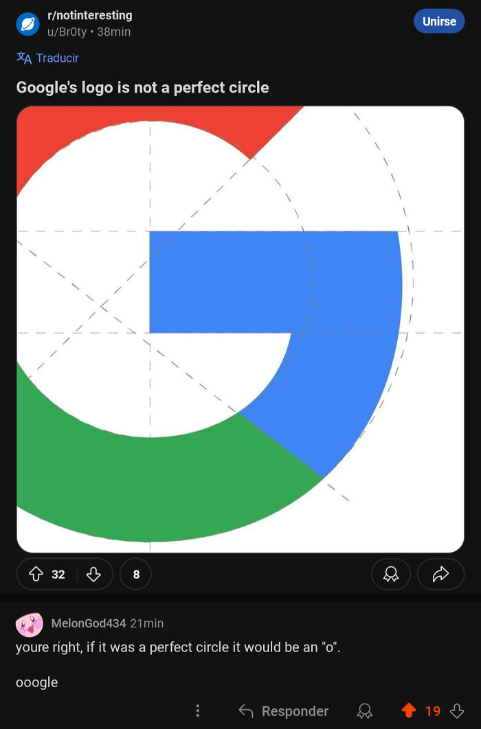 Red, blue, green Google logo with design lines showing it is not a perfect circle in viral internet response post.