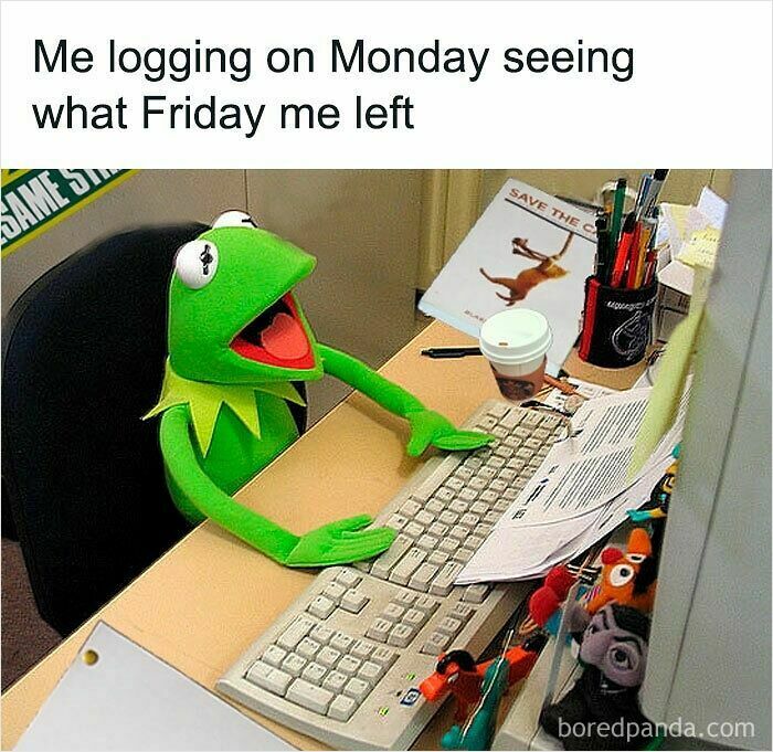 Kermit the Frog working at a cluttered desk with coffee, illustrating funny WFH memes about Monday work struggles.