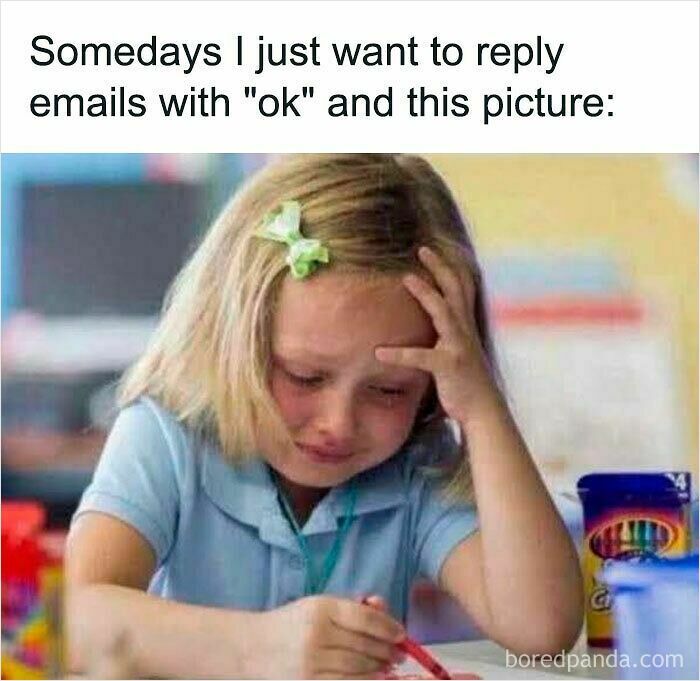 Young girl looking frustrated and crying, representing funny WFH memes about email replies and remote work struggles.