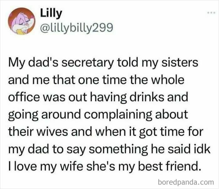 Text post about a dad expressing love for his wife, shared to spread positivity and uplift those feeling down.