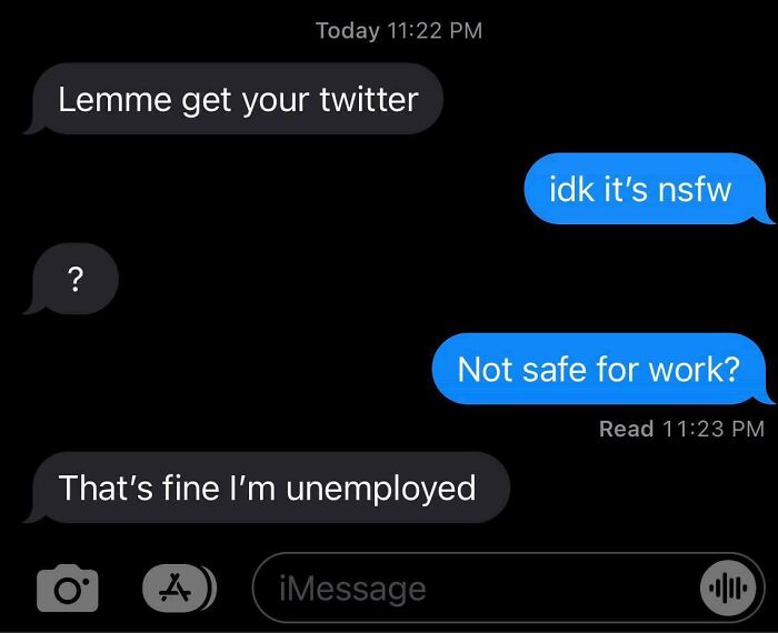 Text message conversation screenshot showing a humorous internet response about Twitter and NSFW content.