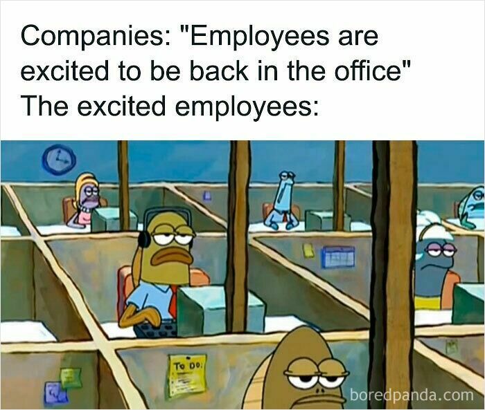 Office workers looking unenthusiastic in cubicles, illustrating funny WFH memes about reluctance to leave remote work.