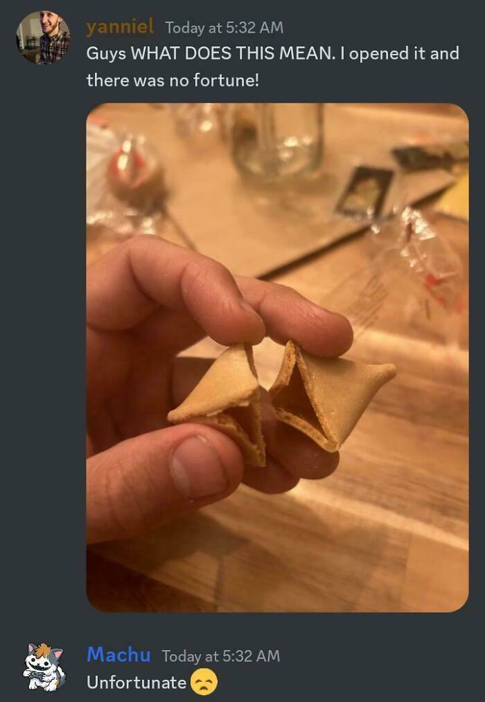 Hand holding a broken fortune cookie with no fortune inside, one of 74 internet responses that hit hard.
