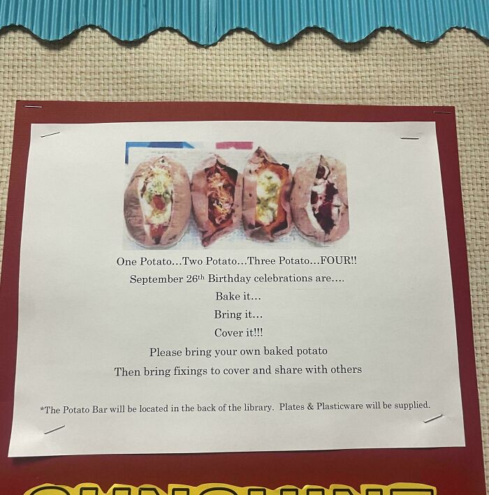 Poster at school inviting students to bring baked potatoes and toppings for a shared birthday celebration event.