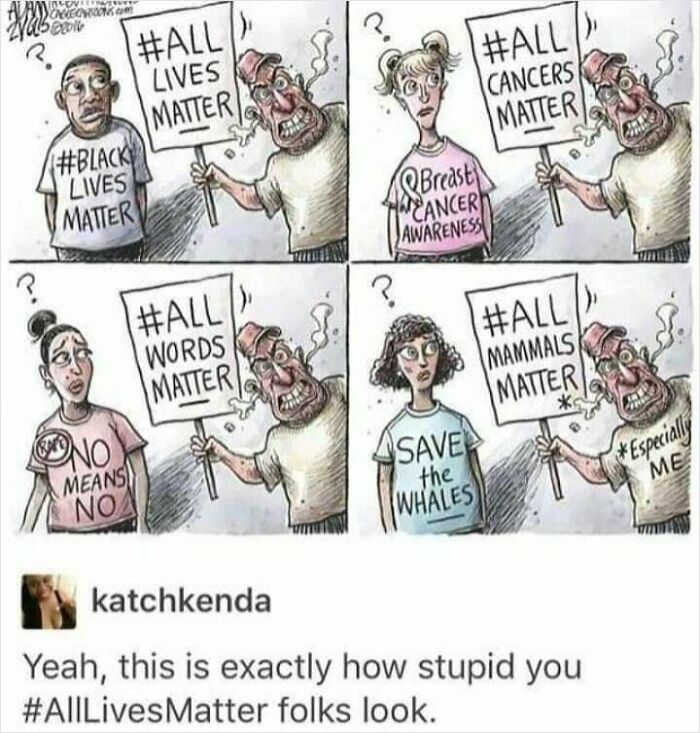 Philosophical meme illustrating various social causes with a man holding signs saying all lives, cancers, words, and mammals matter.